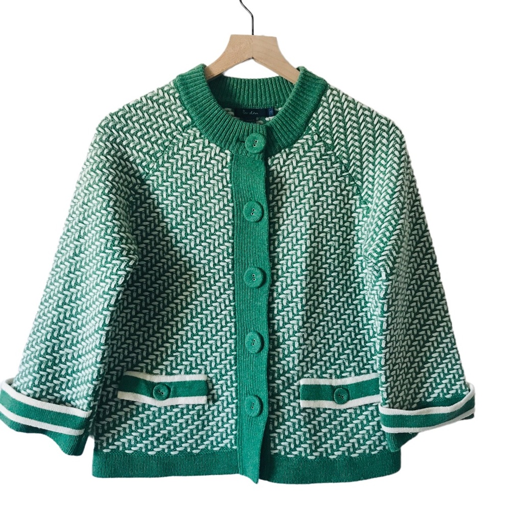 Boden green and white wool button up cardigan sweater size 12 but fits like a 10